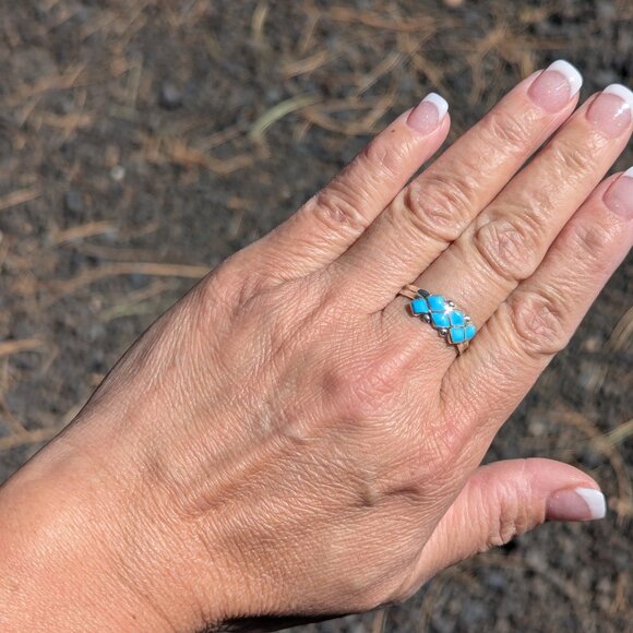 Zuni Turquoise Mini Diamond Cluster‎ Inlay Ring NA Handmade Jewelry Sz 9.25US ** - Picture 9 of 9